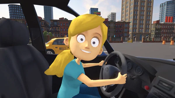 Capture d’écran du jeu Teach My Little Sister How To Drive montrant une conductrice blonde en chemise bleue au volant dans une ville low-poly avec un taxi jaune.