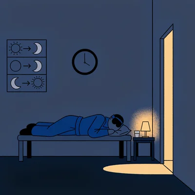 Illustration d'un salarié en poste de nuit allongé sur un lit de repos dans une salle sombre, masque de sommeil sur les yeux, tandis qu'au mur un tableau de rotation des postes — matin, soir, nuit, fléché vers l'avant — et une horloge indiquant deux heures rappellent que l'aménagement du planning pèse plus que les astuces individuelles.