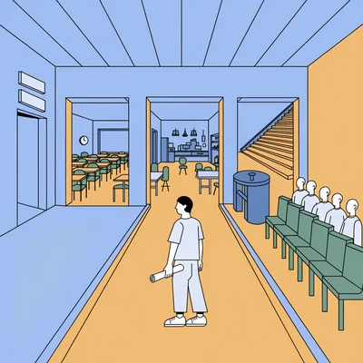 Illustration éditoriale : un jeune bachelier diplômé se tient à l'entrée d'un couloir en entonnoir qui se rétrécit vers trois portes. À gauche, une salle de BTS avec des rangées de tables ; au centre, un atelier de BUT avec des tables de projet ; à droite, un amphithéâtre universitaire en gradins. Le long du mur, un tourniquet et des places en grande partie occupées évoquent des capacités d'accueil limitées.