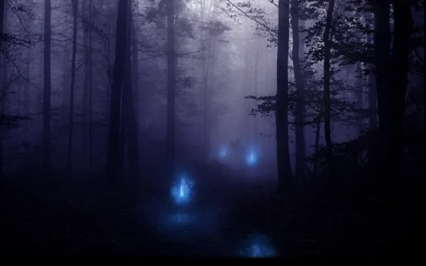 Illustration d'une forêt sombre et brumeuse parcourue d'étranges lumières bleues scintillantes entre les arbres, évoquant le phénomène naturel des feux follets.