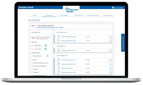 Ordinateur portable affichant le site Compte ameli, rubrique « Mes paiements », avec une liste de remboursements de santé de septembre à novembre 2019.