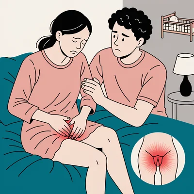 Illustration éditoriale d'un couple assis dans son lit la nuit après une naissance : la femme marque une pause, une main posée sur le bas-ventre, le visage crispé par la douleur, tandis que son partenaire lui pose une main rassurante sur le bras ; dans un petit médaillon, un schéma simple du bassin féminin met en rouge la zone douloureuse à l'entrée du vagin et du périnée.