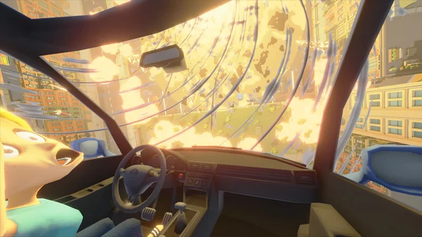 Capture d'écran du jeu Teach My Little Sister How To Drive : vue à la première personne depuis l'habitacle d'une voiture, un personnage de cartoon hurlant de terreur tandis qu'une immense explosion détruit la ville derrière le pare-brise