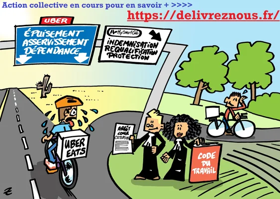 Dessin de presse : un livreur Uber Eats en sueur pédale vers un panneau « UBER » entouré des mots « Épuisement » et « Asservissement », tandis que deux avocats tenant le Code du travail désignent une bifurcation vers « Indemnisation » et « Protection ».
