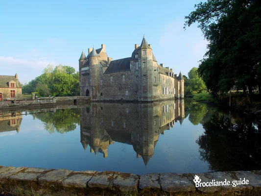 Le château de Trécesson, en pierre, entouré de douves dont l'eau calme reflète les tourelles sous un ciel bleu dégagé