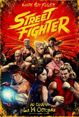 Affiche promotionnelle du film Street Fighter (2026) : un collage de personnages dont Ryu, Chun-Li, Ken et Guile se détache sur un fond rouge et jaune en éclats, avec le titre et la date de sortie