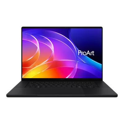 Ordinateur portable ASUS ProArt P16 noir, ouvert sur fond blanc, dont l'écran affiche un fond d'écran abstrait coloré portant le logo ProArt
