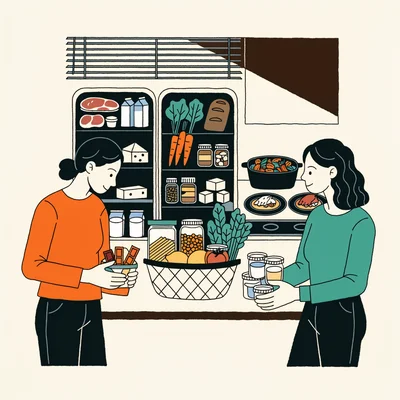 Illustration en aplats d'une cuisine de colocation : deux colocataires rangent leurs courses de part et d'autre d'un plan de travail, autour d'un grand panier commun de produits de base, tandis qu'un réfrigérateur ouvert est coupé en deux moitiés égales par une séparation verticale et qu'un plat de légumes rôtis avec deux portions à protéine différente attend sur la cuisinière.