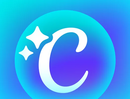 Logo de Canva Pro : un "C" blanc stylisé accompagné de deux étoiles à quatre branches, sur un fond circulaire en dégradé du cyan au violet