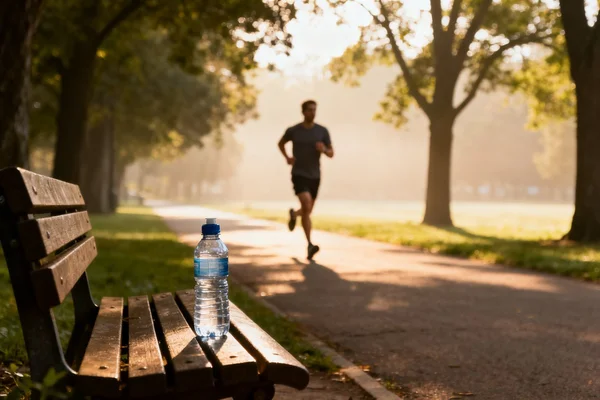 Coureur masculin en jogging sur un chemin ombragé de parc sous la lumiètre chaude du matin d'été, avec une gourde en plastique posée sur un banc en bois