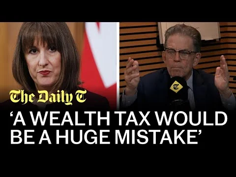 Graphisme d'actualité en double écran montrant deux individus avec une surimpression de titre lisant 'A WEALTH TAX WOULD BE A HUGE MISTAKE', une référence à la théorie de la courbe de Laffer.