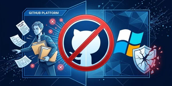 Illustration numérique d'un chercheur en sécurité, Nightmare-Eclipse, tenant des dossiers et des documents près d'un panneau d'interdiction rouge sur le logo GitHub, à côté du logo Windows et d'un bouclier fissuré.