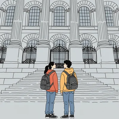 Étudiants en terminale de milieux défavorisés devant l'entrée de Sciences Po, symbolisant la tension entre l'accès facilité par la voie CEP et les barrières culturelles persistantes.