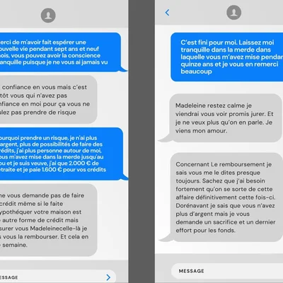Capture d'écran d'une conversation de messages texte en français montrant un conflit entre deux personnes au sujet d'argent et de prêts, illustrant un arnaqueur sentimental en ligne.