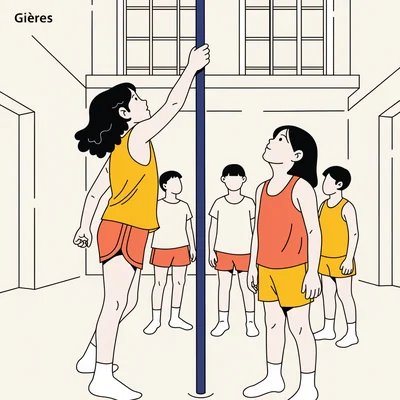 Des enfants en activité physique autour d'une barre métallique dans une salle de sport, illustrant des ateliers de pole dance pour jeunes.