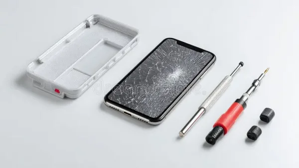 Écran de smartphone fissuré avec des outils de réparation DIY : tournevis de précision et petits composants sur fond blanc, illustrant un guide de réparation maison