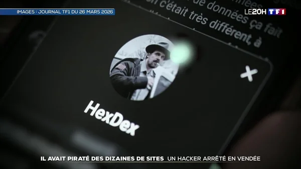 Capture d'écran d'une diffusion TF1 montrant un smartphone affichant le profil 'HexDex' avec une photo circulaire d'un homme chapeauté et un texte sur son arrestation en Vendée.