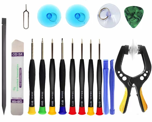 Kit de réparation d'écran de téléphone de 18 pièces avec pince à ventouse, tournevis de précision et accessoires, présentés sur fond blanc pour une utilisation DIY