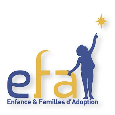Logo d'Enfance & Familles d'Adoption (efa), avec des lettres bleues et jaunes stylisées et une silhouette d'une personne tendant les bras vers une étoile, issu du rapport d'activité 2023.