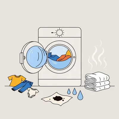 Illustration à plat : une machine à laver à hublot ouverte, son tambour rempli d'eau et de linge. À gauche, un petit tas de vêtements colorés du quotidien (t-shirt, jean, body de bébé) pour le lavage à 30 °C ; à droite, une pile séparée de serviettes et de sous-vêtements blancs avec des volutes de vapeur, pour la charge d'hygiène. Au premier plan, un linge clair portant une tache sombre et des gouttes d'eau froide. Un sélecteur de température sans chiffres pointe vers un réglage bas.