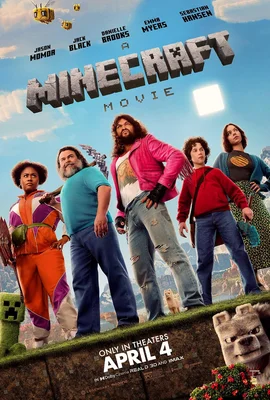 Affiche promotionnelle du film 'A Minecraft Movie' montrant cinq personnages sur un bloc herbeux avec un Creeper et un loup sous un ciel bleu avec des nuages en blocs