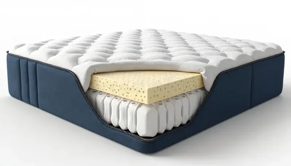 Coupe transversale d'un matelas illustrant une couverture matelassée, une couche de mousse poreuse jaune et des ressorts pocket, le tout dans un tissu bleu foncé.