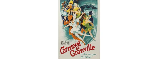 Affiche vintage de 1951 pour le Carnaval de Granville, illustrant des danseurs masqués et une ville en arrière-plan.