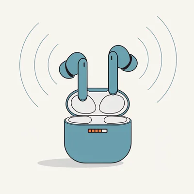 Illustration en flat design : une paire d'écouteurs true wireless en suspension au-dessus de leur boîtier de charge ouvert, avec un indicateur de batterie segmenté sur le boîtier et de fines ondes concentriques suggérant une connexion sans fil stable.