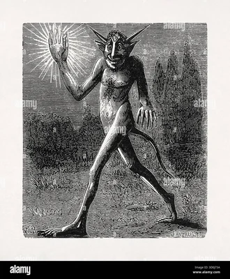 Gravure sur bois en noir et blanc du démon breton Yan-gant-y-tan, figure cornue et pourvue d'une queue, debout dans un paysage, une main levée émettant des rayons de lumière, par Louis Le Breton, 1863.