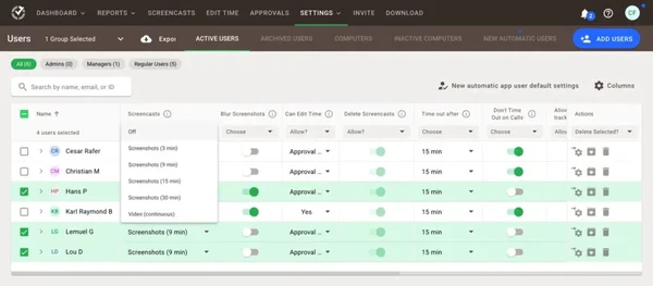 Capture d’écran du tableau de bord Time Doctor montrant la gestion des utilisateurs actifs, avec des options de screencasts, de permissions et d’actions utilisateur.