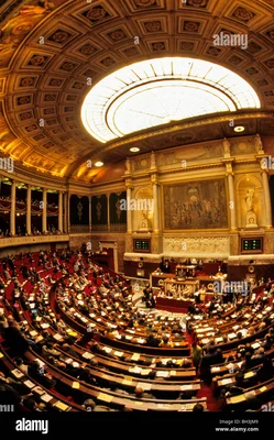 Vue large de l'hémicycle du Palais Bourbon, siège de l'Assemblée nationale à Paris, avec ses rangées de sièges courbes, sa tribune et son plafond à caissons vitré