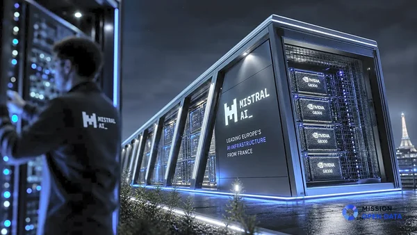 Data center MISTRAL AI illuminé la nuit avec des serveurs NVIDIA GB300, un ingénieur devant des baies de serveurs, et la tour Eiffel en arrière-plan