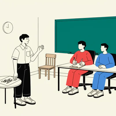 Illustration d'une salle de classe pendant le Grand oral du bac : à gauche, un candidat debout, feuille de préparation à la main, expose sa question en faisant un geste explicatif ; à droite, les deux professeurs du jury sont assis derrière une table, l'un prenant des notes, l'autre écoutant attentivement, devant un tableau noir vierge.
