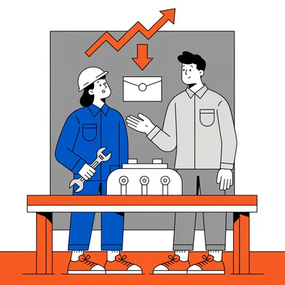 Un jeune apprenti en combinaison de travail reçoit l'orientation d'un professionnel dans un atelier moderne, illustrant le système de formation en alternance en France, dont les résultats d'insertion sont solides alors que les aides à l'embauche doivent être revues à la baisse en 2026.