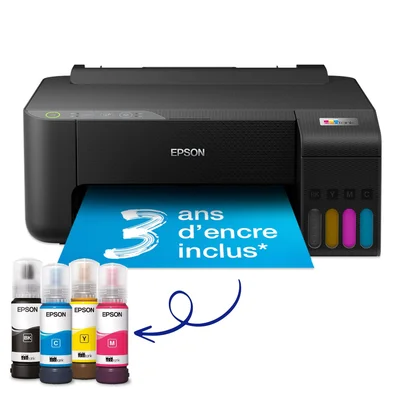 Imprimante Epson EcoTank noire à réservoirs d'encre délivrant une feuille bleue portant la mention "3 ans d'encre inclus*", accompagnée de quatre bouteilles d'encre Epson noire, cyan, jaune et magenta