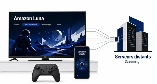Infographie du fonctionnement d'Amazon Luna : un téléviseur affichant l'interface Luna connecté à des serveurs distants, avec une manette de jeu et un smartphone utilisé comme manette.