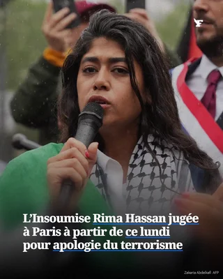 Visuel d'actualité du Figaro avec la photographie de Rima Hassan au micro et un titre annonçant son procès à Paris pour apologie du terrorisme