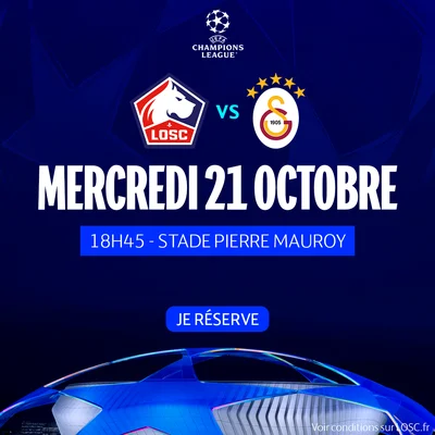 Visuel de la billetterie officielle du LOSC annonçant l'ouverture à l'unité des places pour LOSC-Galatasaray réservée aux abonnés.