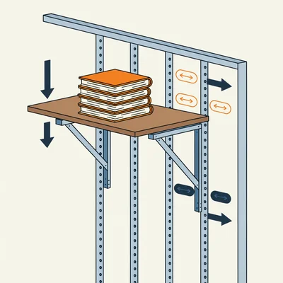 Vue en coupe d’une étagère chargée de livres, fixée à une cloison en plaques de plâtre sur ossature métallique : les fixations supérieures travaillent en traction vers l’extérieur tandis que les inférieures compriment la plaque, des flèches figurant le poids au bord de l’étagère et le bras de levier.