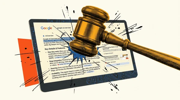 Un marteau de juge en bois frappe l'écran d'une tablette affichant une page de résultats Google pour "google ai overview", entouré d'éclaboussures d'encre façon bande dessinée.