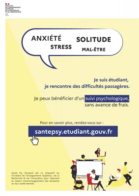Affiche du ministère de l'Enseignement supérieur promouvant le dispositif Santé Psy Étudiant, avec un suivi psychologique gratuit pour les étudiants confrontés à l'anxiété, au stress, à la solitude ou au mal-être, et une illustration d'étudiants en bas.