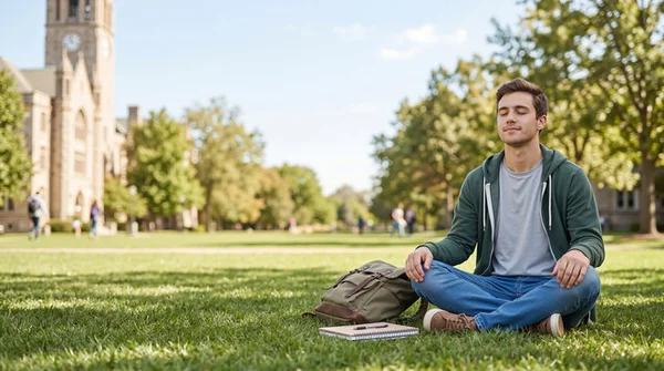 Jeune homme aux cheveux bruns assis en tailleur, les yeux fermés, en méditation sur une pelouse de campus, à côté d'un sac à dos et d'un carnet, avec un bâtiment à horloge et des arbres en arrière-plan.