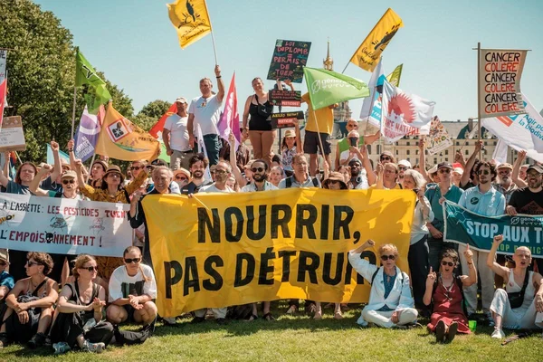 Des manifestants rassemblés sur une pelouse lors d'une mobilisation contre la loi Duplomb, tenant une banderole jaune « NOURRIR, PAS DÉTUIRE » et des pancartes dénonçant les pesticides et le cancer.