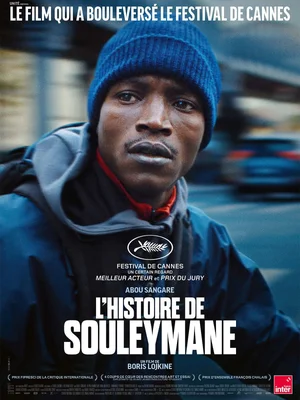 Affiche du film L'Histoire de Souleymane montrant Abou Sangaré en gros plan, bonnet et veste bleus, avec mentions de Cannes Un Certain Regard.