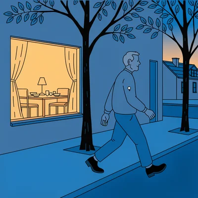 Un adulte d'environ soixante ans, portant un petit capteur de glycémie au bras, marche à bon rythme sur le trottoir d'un quartier résidentiel au crépuscule ; derrière lui, la fenêtre éclairée d'une salle à manger montre une table de dîner terminée, avec assiettes vides et verres. Composition en plan moyen, l'adulte à droite et la fenêtre chaude à gauche.