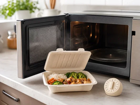 Un plat fumant de riz, brocoli, poulet et carottes dans une barquette écologique ouverte, posé sur un plan de travail près d'un micro-ondes ouvert et d'un petit minuteur mécanique.