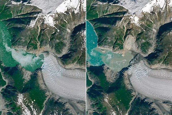 Comparaison satellite avant et après d'un lac glaciaire de Tracy Arm : eaux turquoise claires sur l'image de gauche, eaux troublées par des sédiments sur celle de droite.