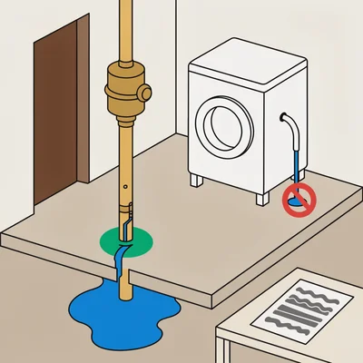Dans une coupe de logement, une canalisation percée après le compteur d'eau fuit sous le sol et est entourée en vert ; à droite, une petite fuite au raccord d'une machine à laver est marquée d'un cercle rouge barré, et une facture d'eau sans texte lisible est posée au premier plan.