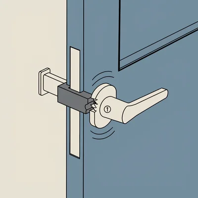 Vue en coupe d'une poignée de porte intérieure tournée vers le bas : le carré en acier, fendu au niveau de la béquille, n'entraîne plus le mécanisme, tandis que le pêne reste sorti dans le chant de la porte ; la petite vis de pression est visible sous le col de la poignée.