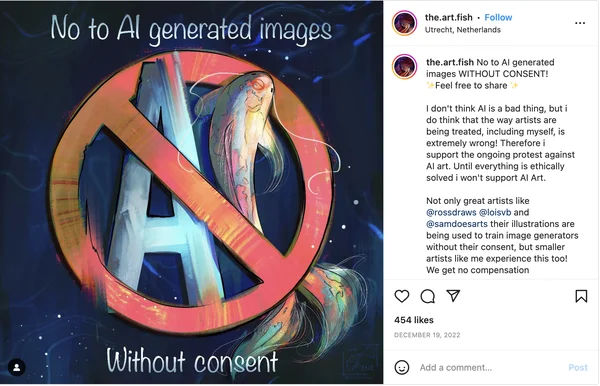 Illustration de la mobilisation d'artistes numériques contre l'utilisation de l'intelligence artificielle dans la création artistique.